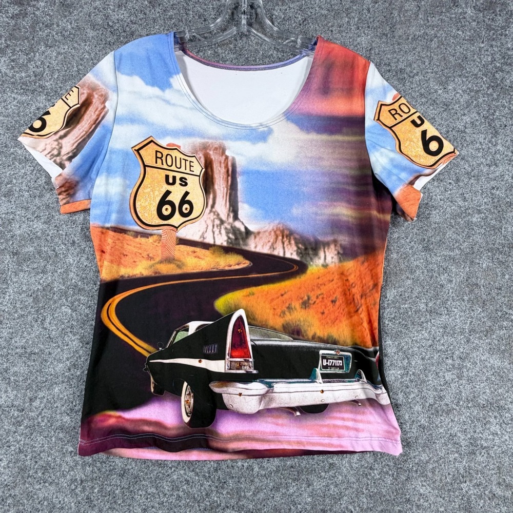 Fantazia T Shirt Women Multicolor US Route 66 Car Road Trip Graphic Short Sleeve